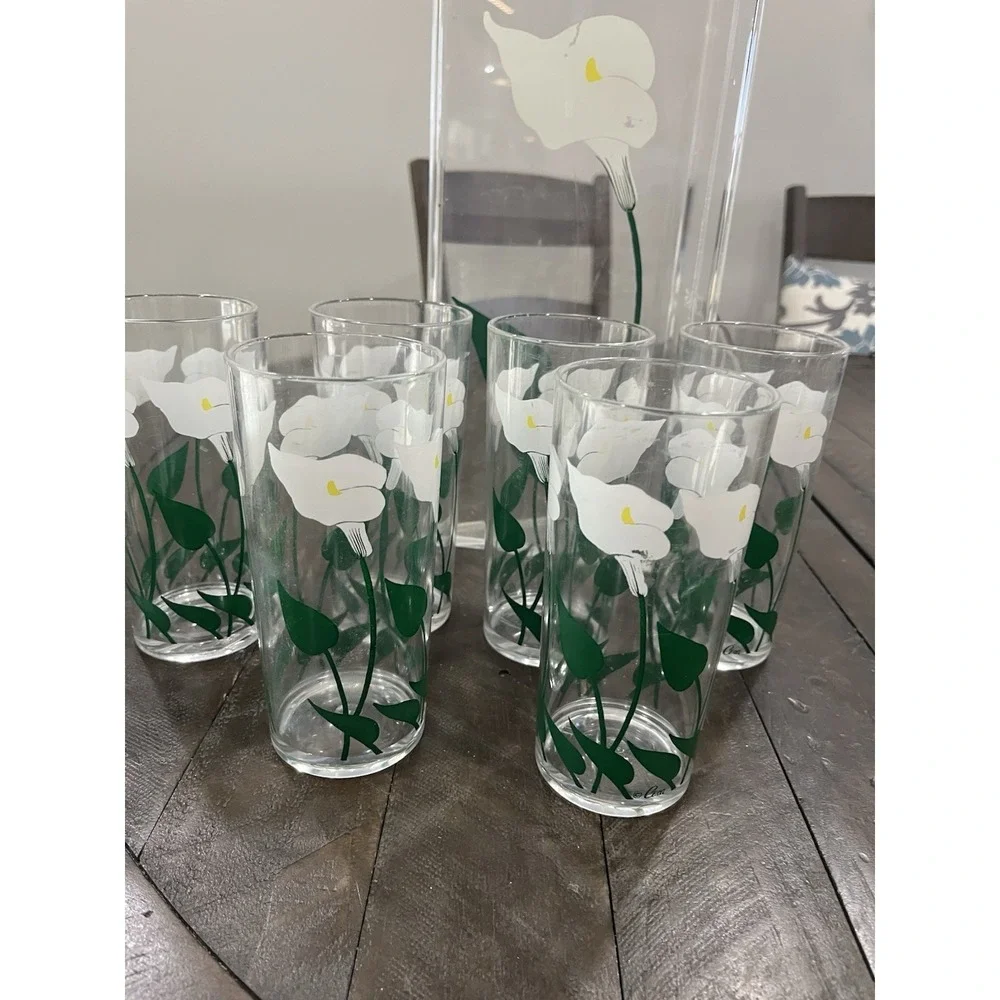 Vtg Cora‎ Acrylic Calla Lilly Pitcher 6 Cups Floral MCM